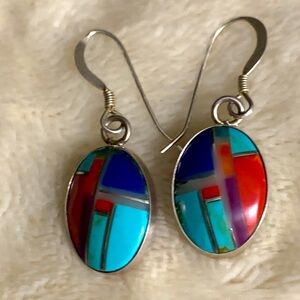 Colorful Oval Geometric Dangle Earrings with Stones Inlaid in a Silver Setting